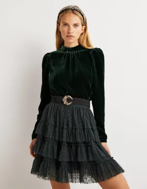 Green Mutton Sleeve Velvet Top-Onyx Green