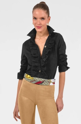 Gretchen Scott Ruffle Rumble Top in Black Nordic Calm Modern Design