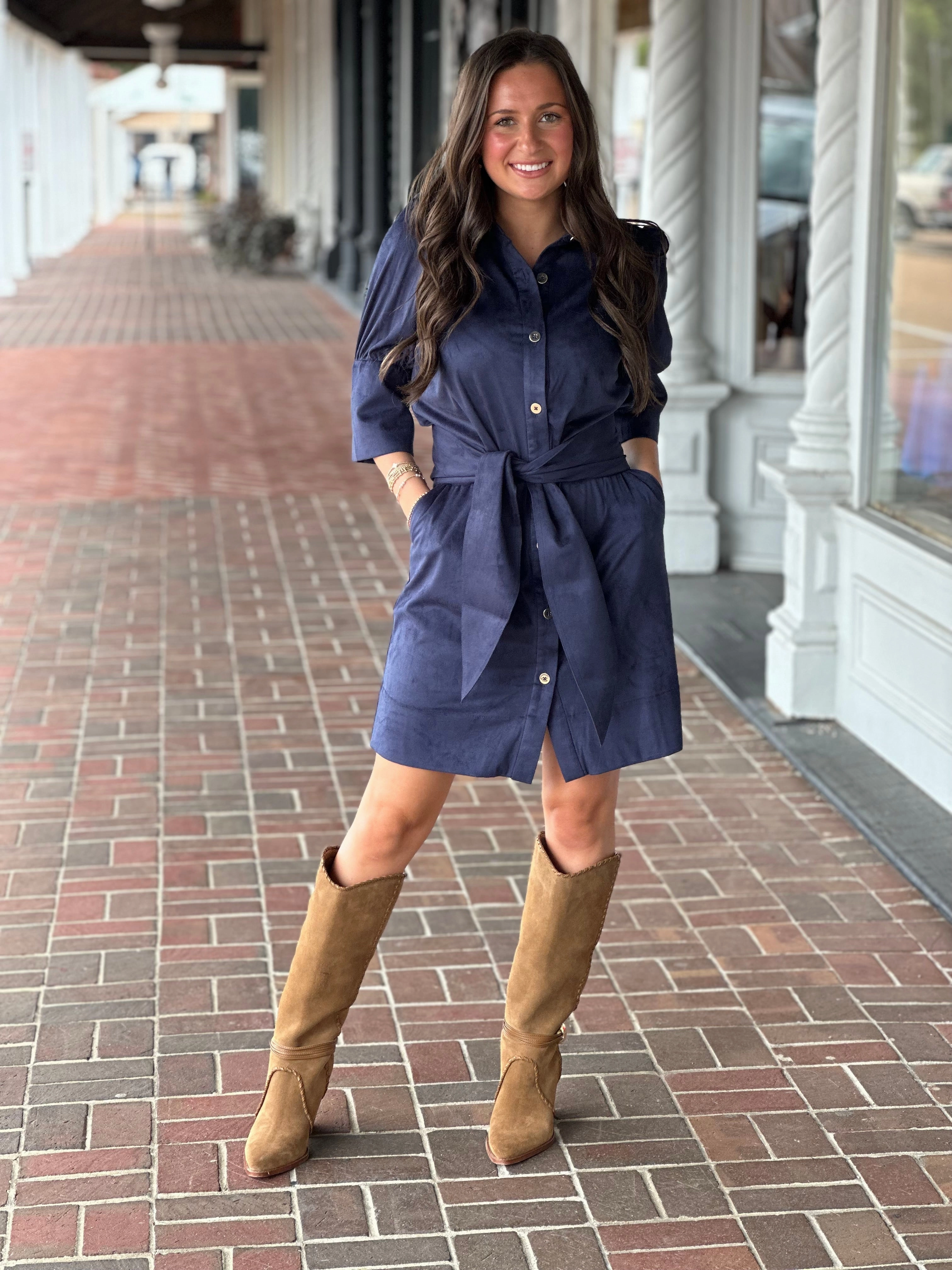 Gretchen Scott Swagger Dress in Ultra Suede Navy Date Ready