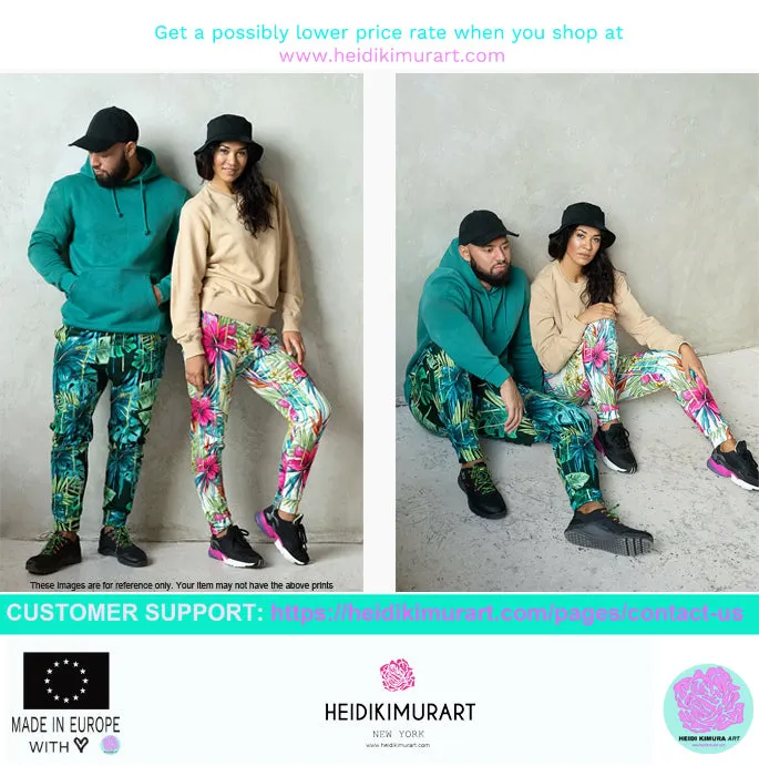 Grey White Floral Men's Joggers, Gray Flower Abstract Print Comfy Pants For Men-Made in EU/MX