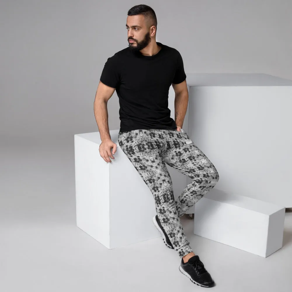 Grey White Floral Men's Joggers, Gray Flower Abstract Print Comfy Pants For Men-Made in EU/MX