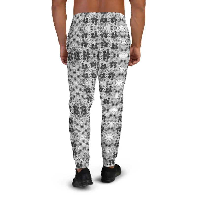 Grey White Floral Men's Joggers, Gray Flower Abstract Print Comfy Pants For Men-Made in EU/MX