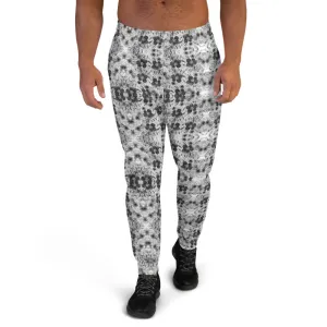 Grey White Floral Men's Joggers, Gray Flower Abstract Print Comfy Pants For Men-Made in EU/MX