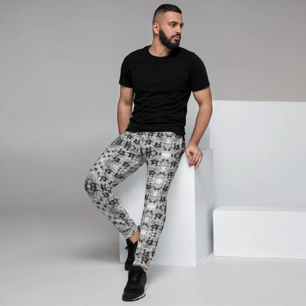 Grey White Floral Men's Joggers, Gray Flower Abstract Print Comfy Pants For Men-Made in EU/MX