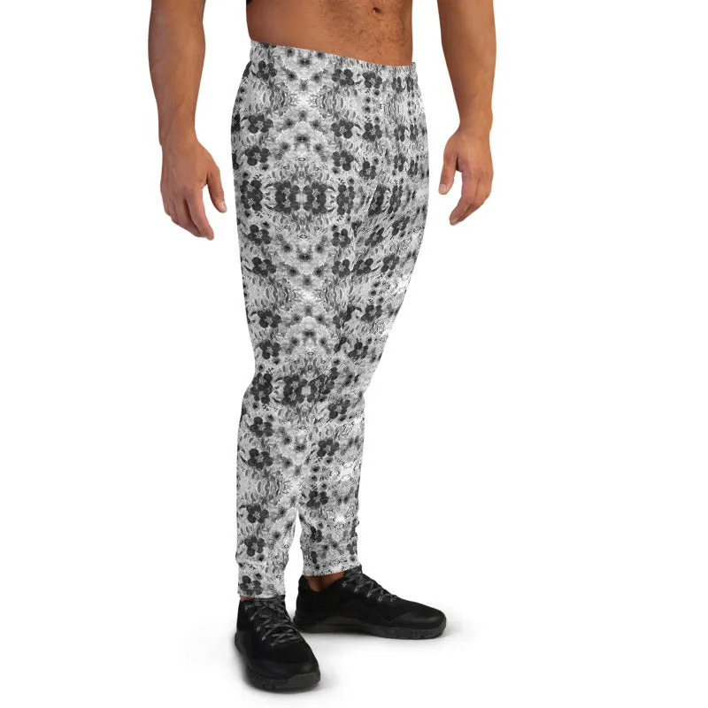 Grey White Floral Men's Joggers, Gray Flower Abstract Print Comfy Pants For Men-Made in EU/MX