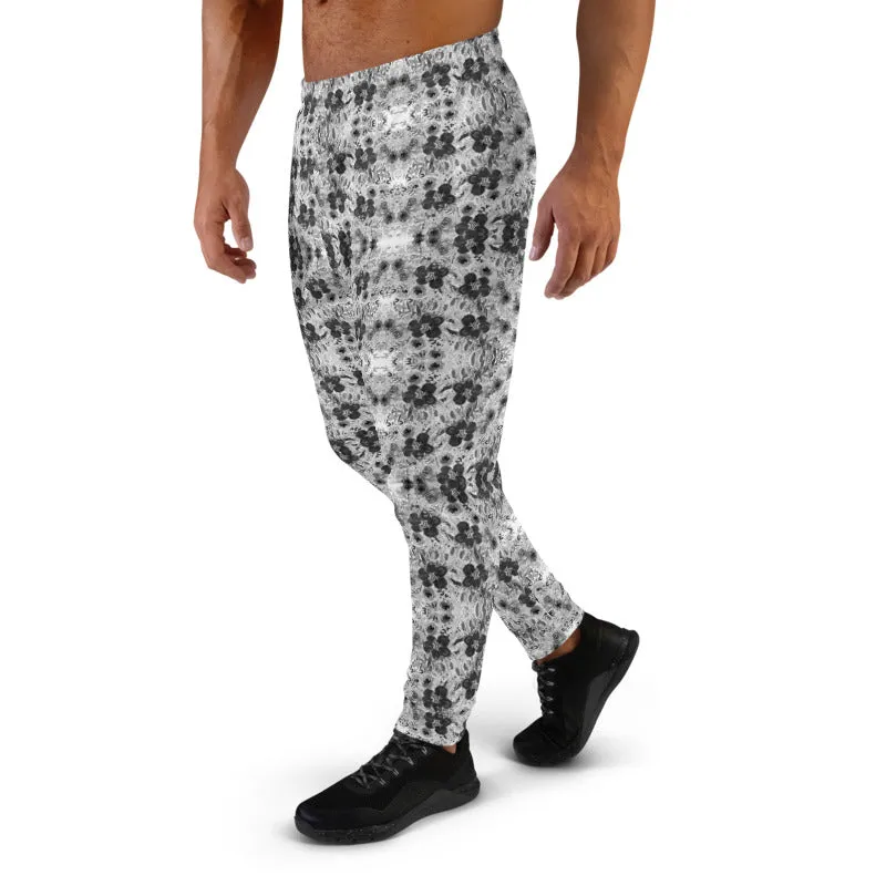 Grey White Floral Men's Joggers, Gray Flower Abstract Print Comfy Pants For Men-Made in EU/MX