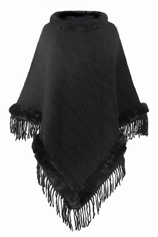 FURRY COLLAR SOLID COLOR KNITTED CLOAK SHAWL Roll Up Sleeve System