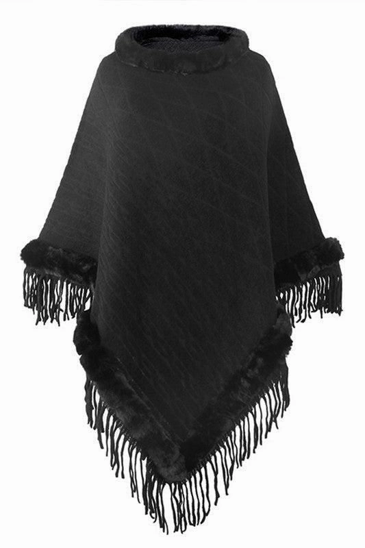 FURRY COLLAR SOLID COLOR KNITTED CLOAK SHAWL Flexible Ribbed Cuffs QuickDry Technology