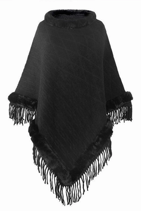 FURRY COLLAR SOLID COLOR KNITTED CLOAK SHAWL Flexible Ribbed Cuffs QuickDry Technology