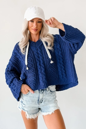Total Ease Zenana Cable Knit Sweater Hoodie (Light Navy) Ribbed Trim Fashionable Look