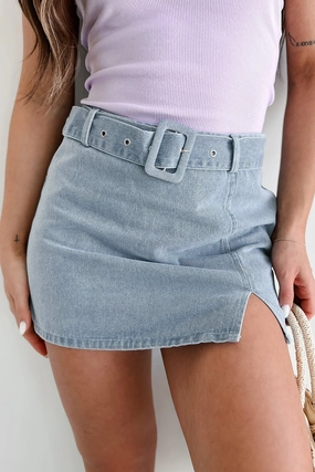 Growing Distant Belted Denim Mini Skirt (Washed Denim) Must Have Feature