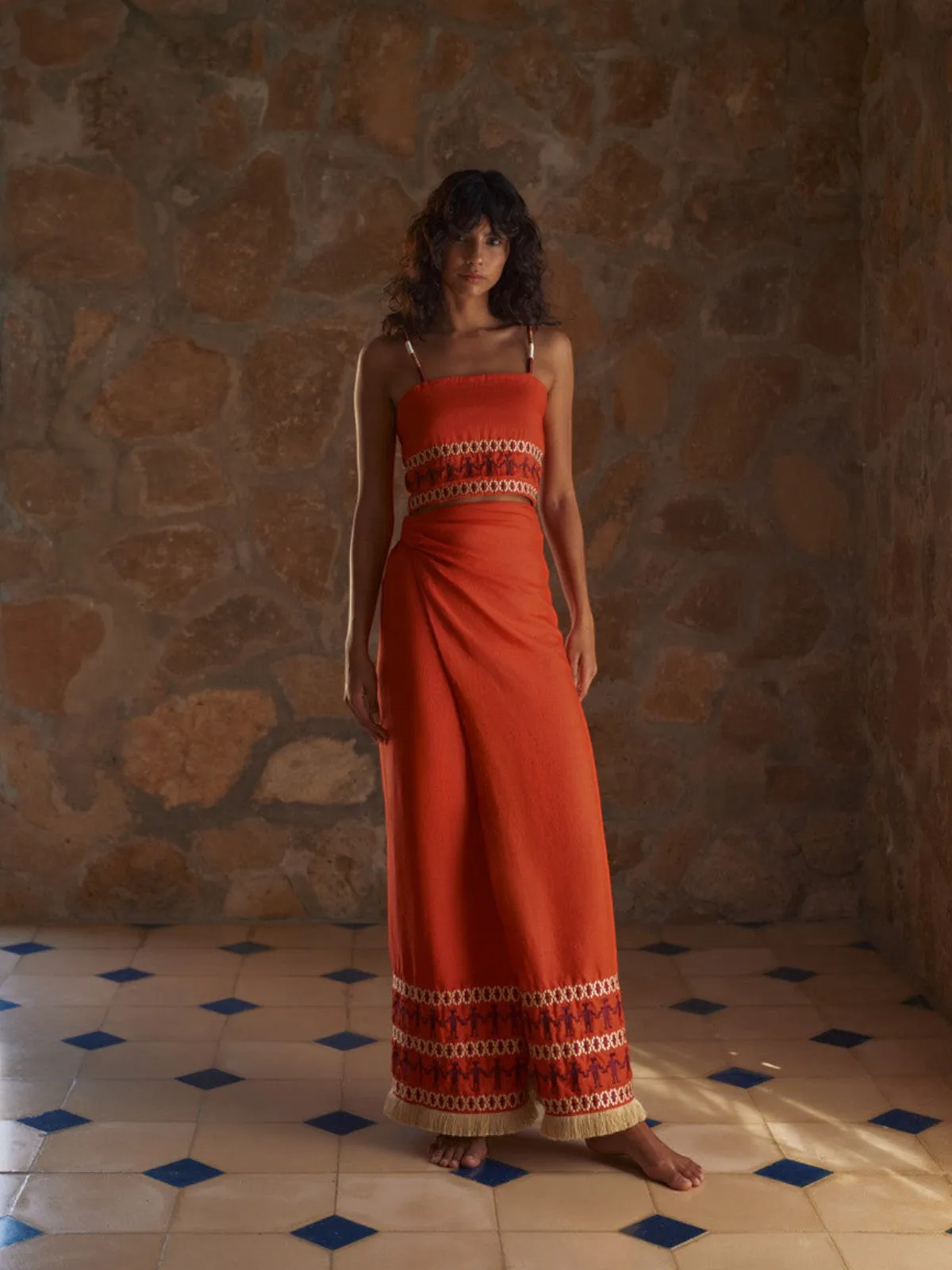 Guainia Linen Midi Skirt | Red Embroidered