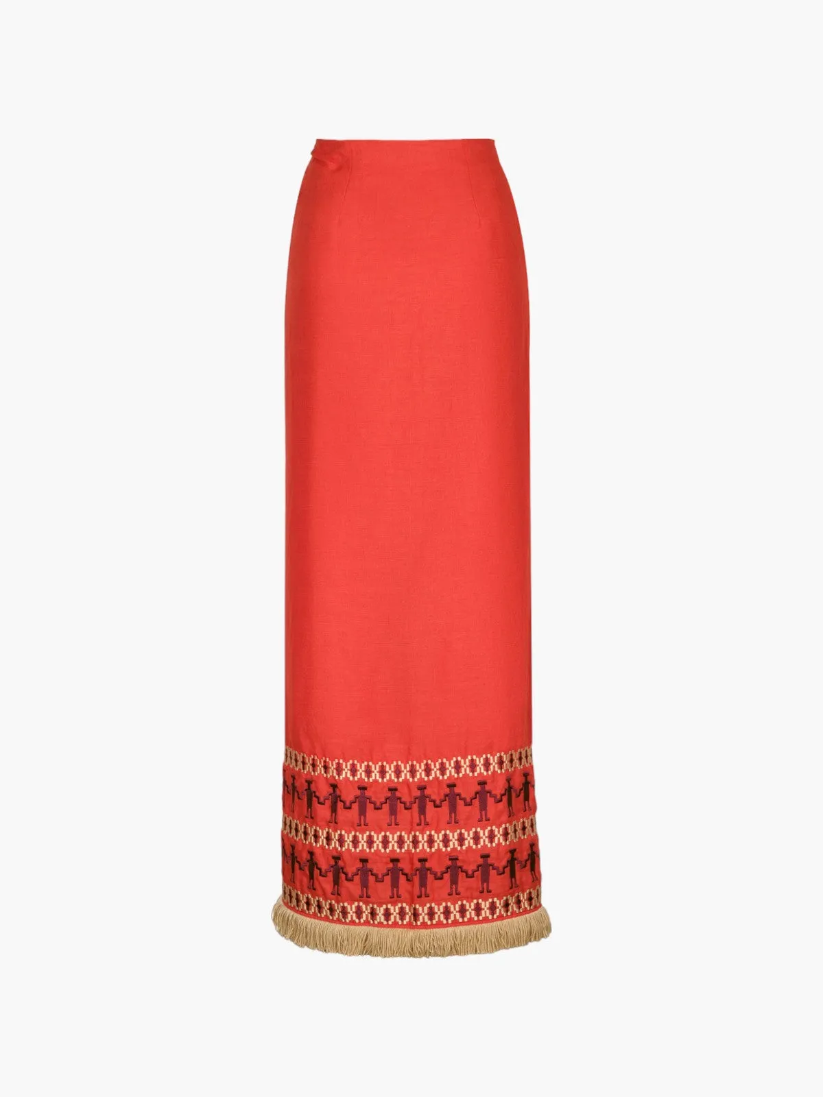 Guainia Linen Midi Skirt | Red Embroidered