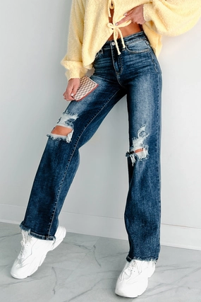 Hagan Judy Blue High Waist 90's Distress Straight Leg Jeans (Dark) Reinforced Seams