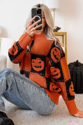 RibbedNeckline Halloween Feels Pumpkin Knit Sweater (Orange/Black)