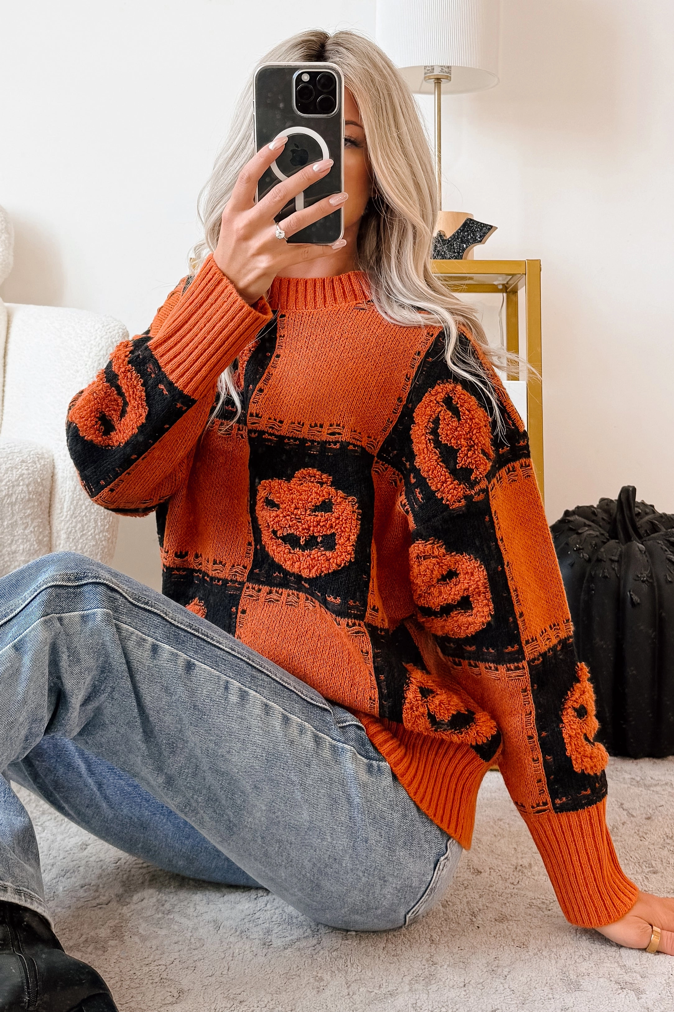 RibbedNeckline Halloween Feels Pumpkin Knit Sweater (Orange/Black)