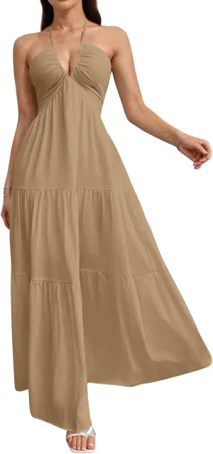 Halter Maxi Dresses for Women 2025 Elegant Classy a Line Prom Dress Tea Party Spaghetti Strap Low Cut Cocktail Dress