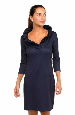 Gretchen Scott Ruffneck Dress Navy Stream Cut Dressy Glow