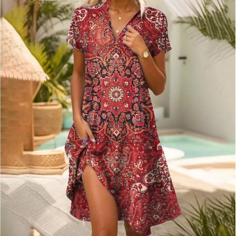 Hannah – Sexy V-neck Short Sleeved Bohemian Printed Summer Casual Dress with Pockets