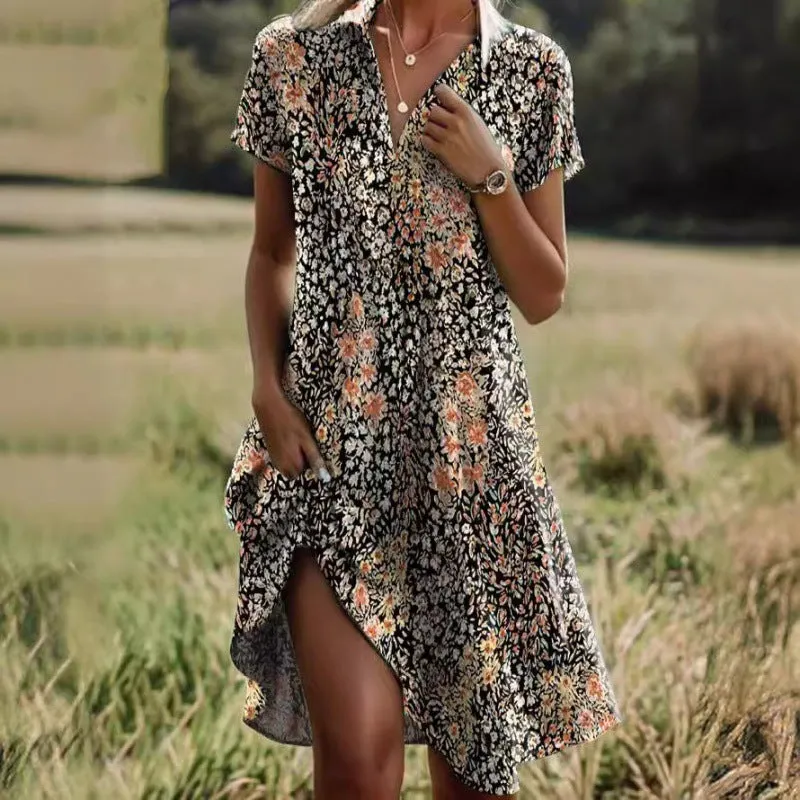 Hannah – Sexy V-neck Short Sleeved Bohemian Printed Summer Casual Dress with Pockets