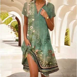 Hannah – Sexy V-neck Short Sleeved Bohemian Printed Summer Casual Dress with Pockets