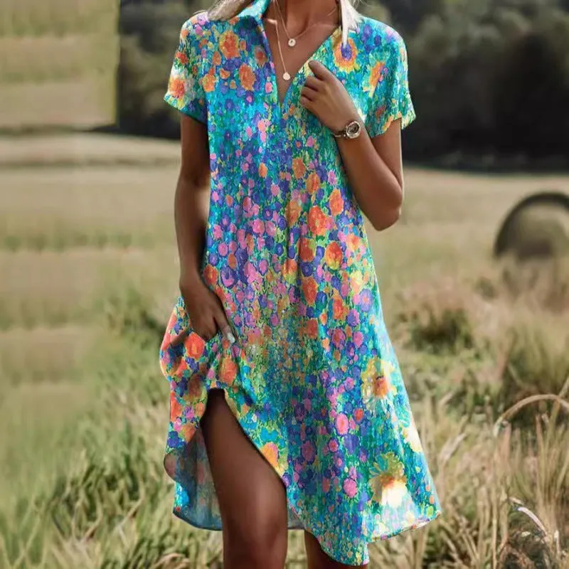 Hannah – Sexy V-neck Short Sleeved Bohemian Printed Summer Casual Dress with Pockets