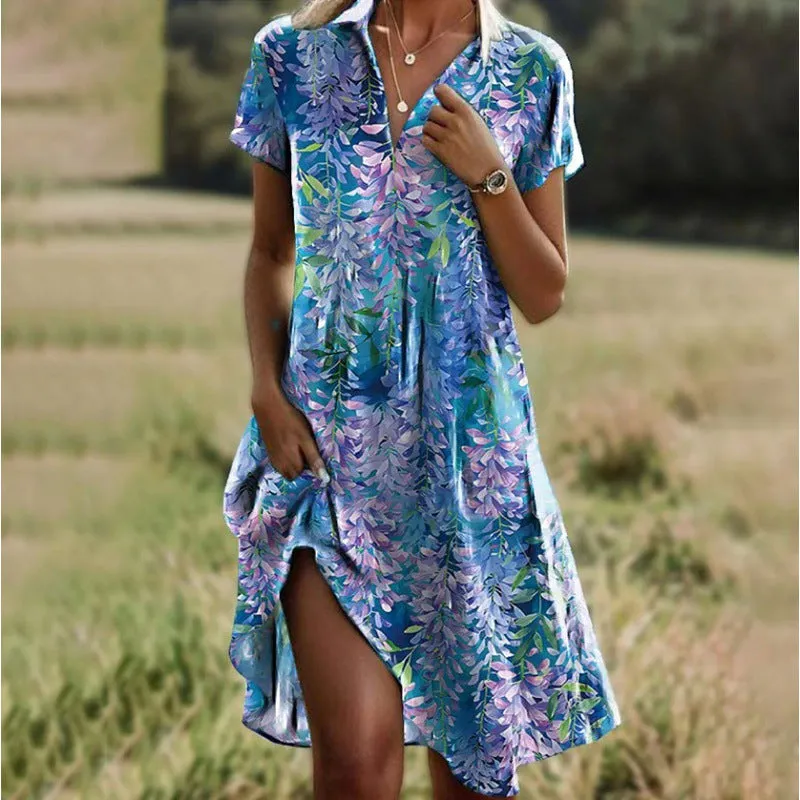 Hannah – Sexy V-neck Short Sleeved Bohemian Printed Summer Casual Dress with Pockets