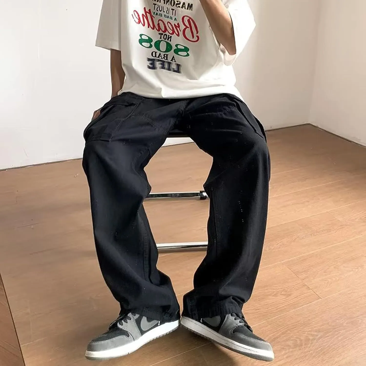 Harajuku Cargo Pants Men's Japanese Retro Multi Pocket Loose Cargo Pants Men's Casual Straight Trousers