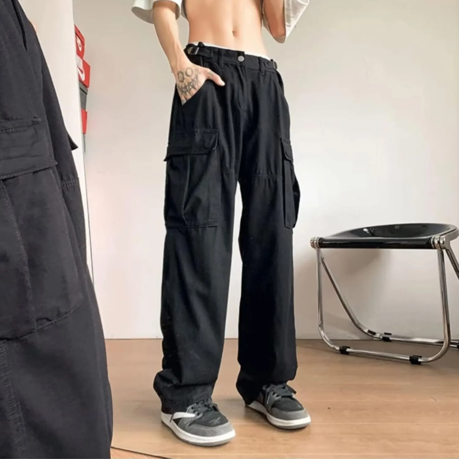 Harajuku Cargo Pants Men's Japanese Retro Multi Pocket Loose Cargo Pants Men's Casual Straight Trousers