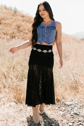Travel Vibes Hard Launch Love Floral Lace Maxi Skirt (Black)