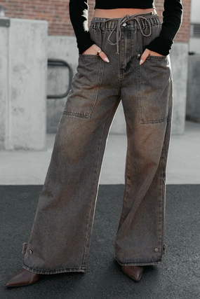 Hattie Wide Leg Washed Very J Jeans (Brown) Adaptive Fit Travel Ready