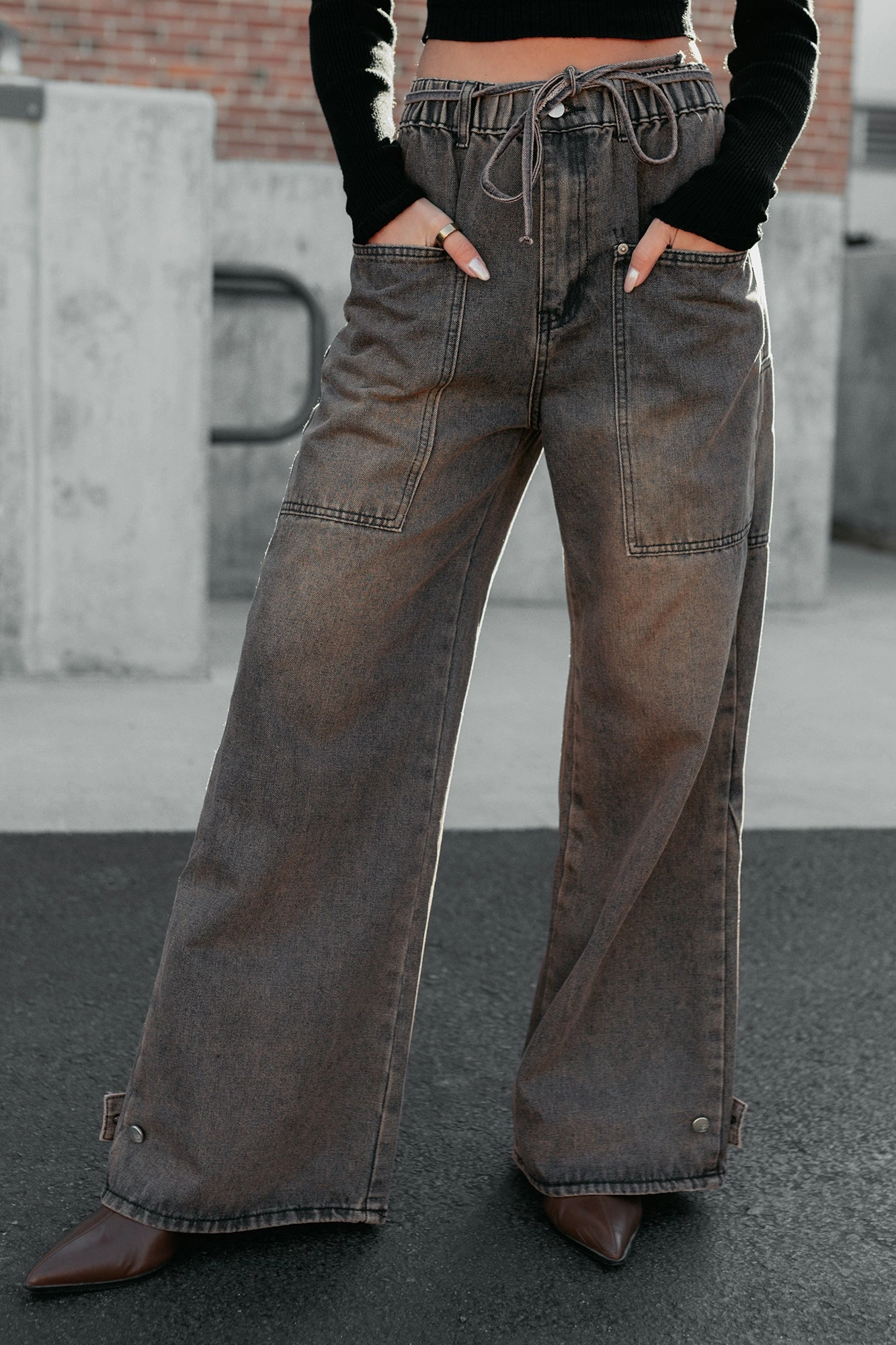 Hattie Wide Leg Washed Very J Jeans (Brown) Adaptive Fit Travel Ready