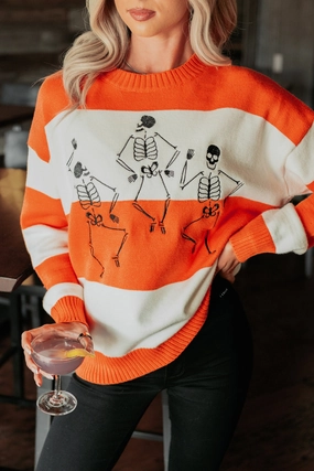 Haunted Haze Striped Knit Skeletons Sweater (Orange) StainResistantFinish