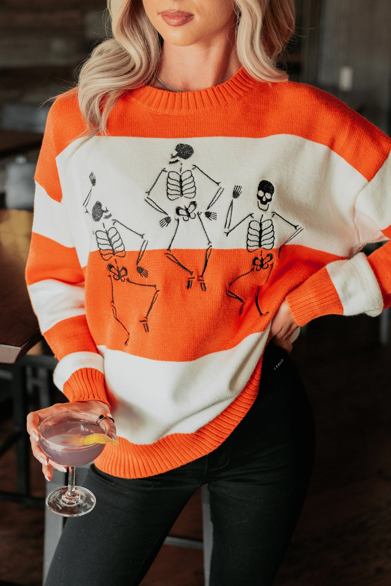 Haunted Haze Striped Knit Skeletons Sweater (Orange) StainResistantFinish