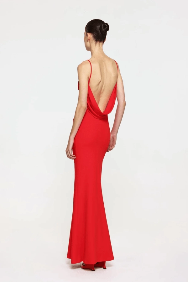 Havilland Gown Cherry Red FlatlockSeam Dreamy Drape