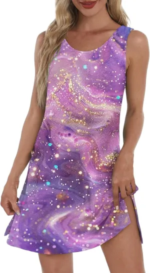 Hawaiian Dresses for Women Round Neck Aline Mini Dress Summer Sleeveless Floral Print Tropical Tank Dress
