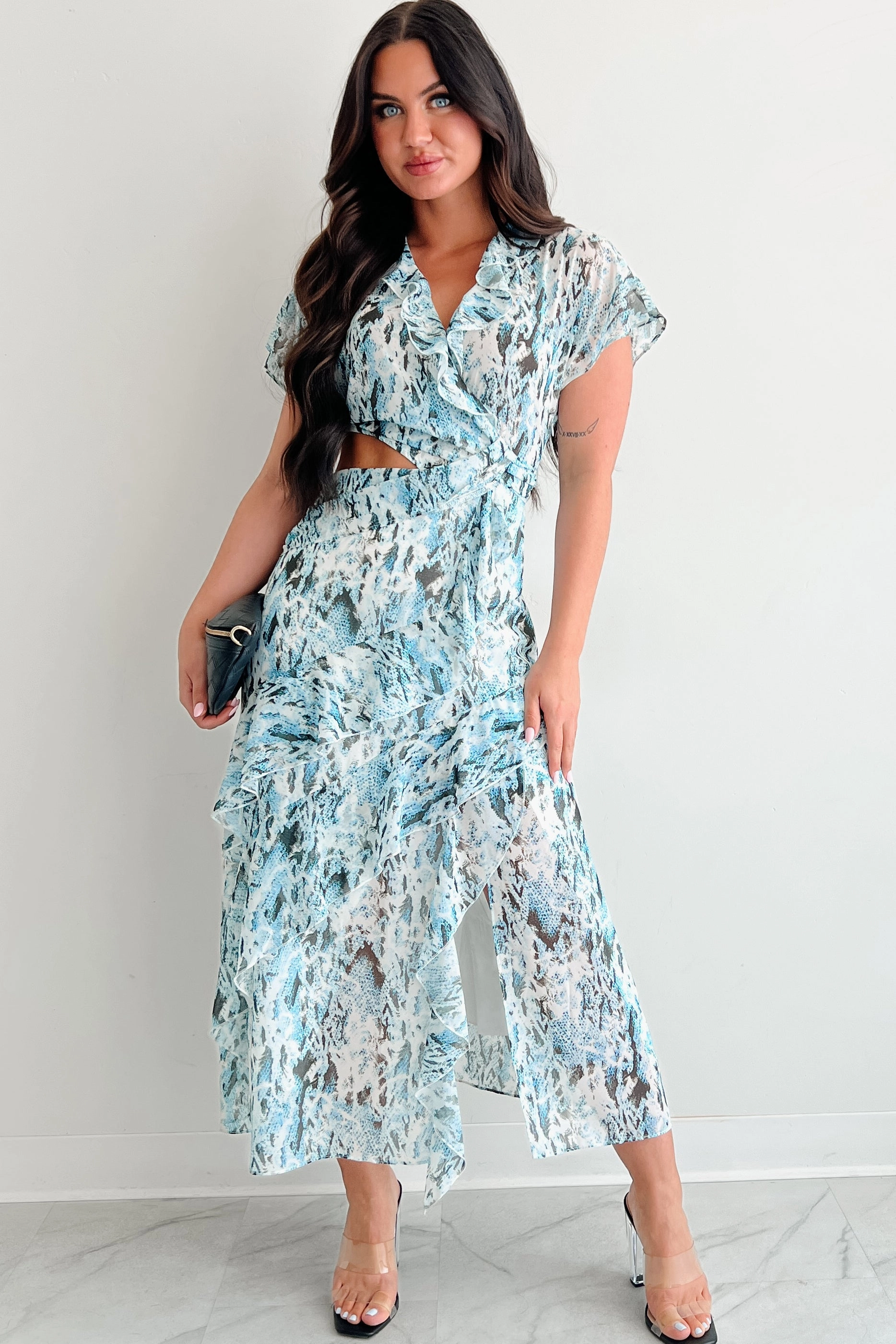 Heart Of Gold Printed Ruffle Maxi Dress (Blue) Front-Slit Chill Vibes