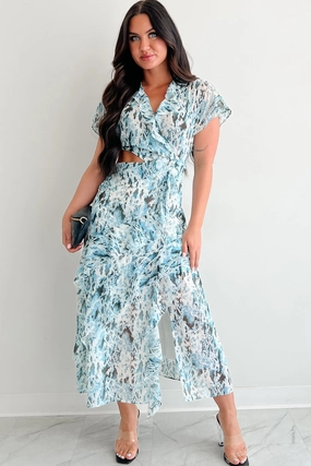 Heart Of Gold Printed Ruffle Maxi Dress (Blue) Clean Lines
