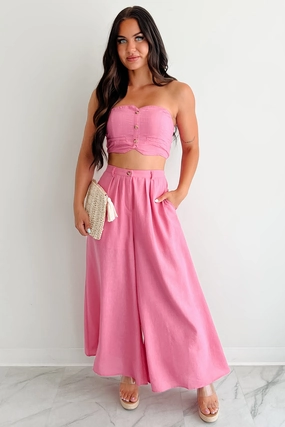 Yarn Dyed Pattern Cloth RollUpSleeves Heartthrob Moments Strapless Crop Top & Pant Set (Magenta)