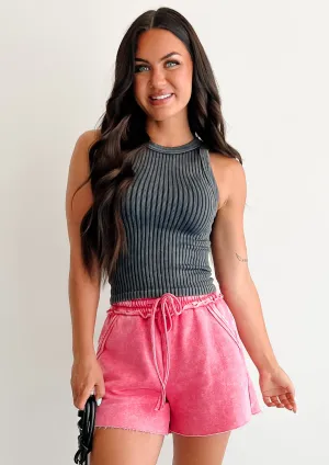 Kinda Into It Ribbed Washed Zenana Tank (Black) Low Profile Collar