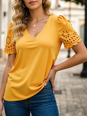 YarnDyed Stripes Solid Color V-neck Burnout Blouse ??Lightweight Semi-Sheer Top for Women