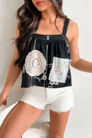 Yarn Dyed Pattern Cloth Thermal Regulation Fabric Trendsetter POL Crochet Patchwork Sleeveless Top (Black)