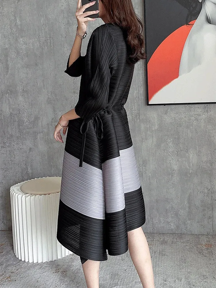 HEYFANCYSTYLE Casual Pleated Drawstring V-Neck Dress