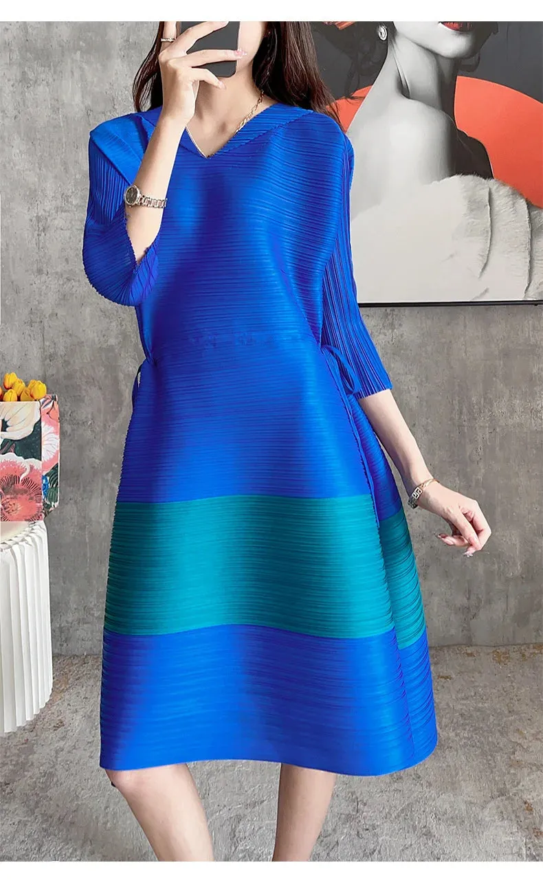 HEYFANCYSTYLE Casual Pleated Drawstring V-Neck Dress