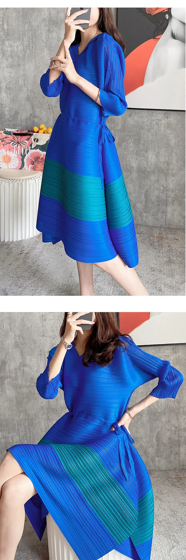 HEYFANCYSTYLE Casual Pleated Drawstring V-Neck Dress
