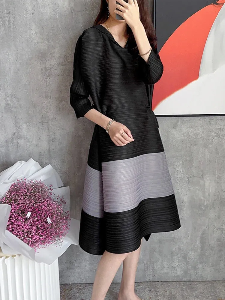 HEYFANCYSTYLE Casual Pleated Drawstring V-Neck Dress