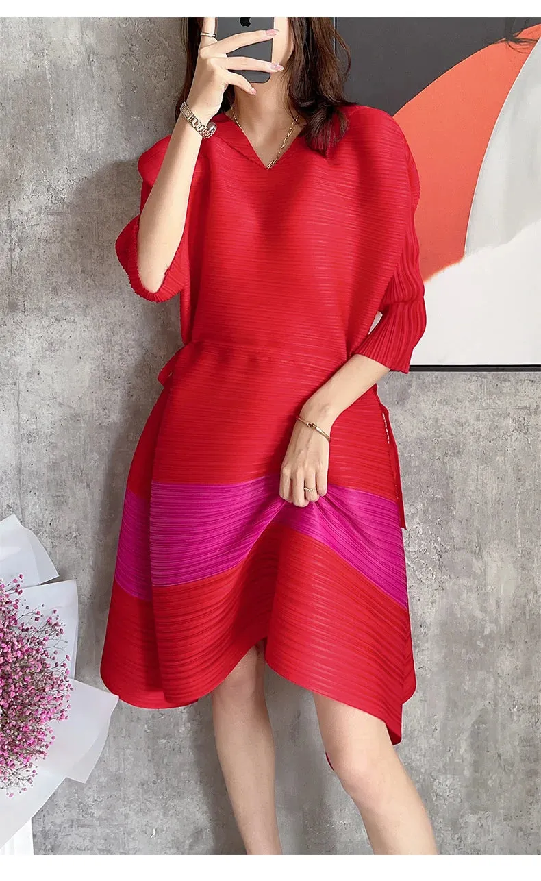 HEYFANCYSTYLE Casual Pleated Drawstring V-Neck Dress