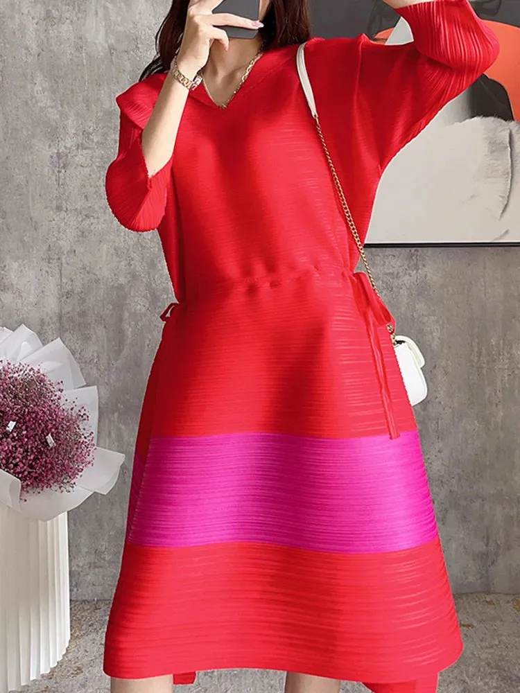 HEYFANCYSTYLE Casual Pleated Drawstring V-Neck Dress