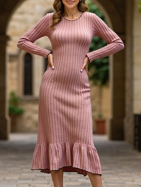 Ruffle hem solid color long sleeve dress Casual and Stylish