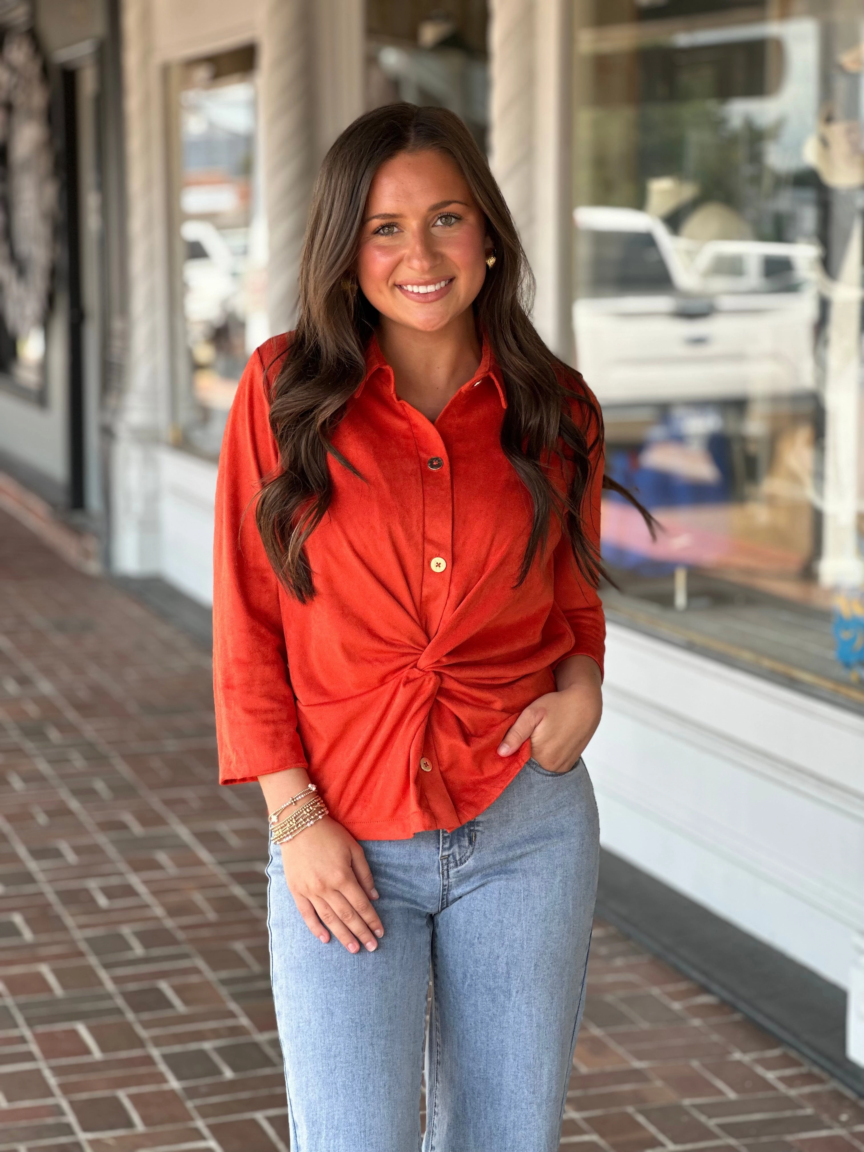 Warm-Layer Gretchen Scott Twist & Shout Top in Ultra Suede Orange